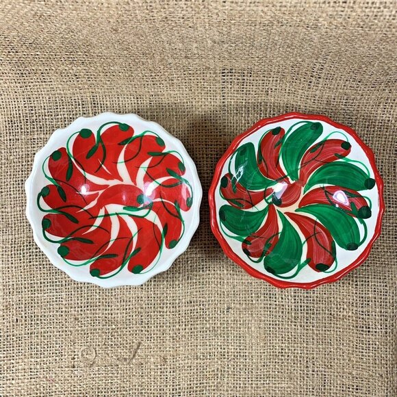 Talavera Hand Painted Bowls Peppers Mexico Folk Pottery Footed Dip Bowls - Picture 2 of 8